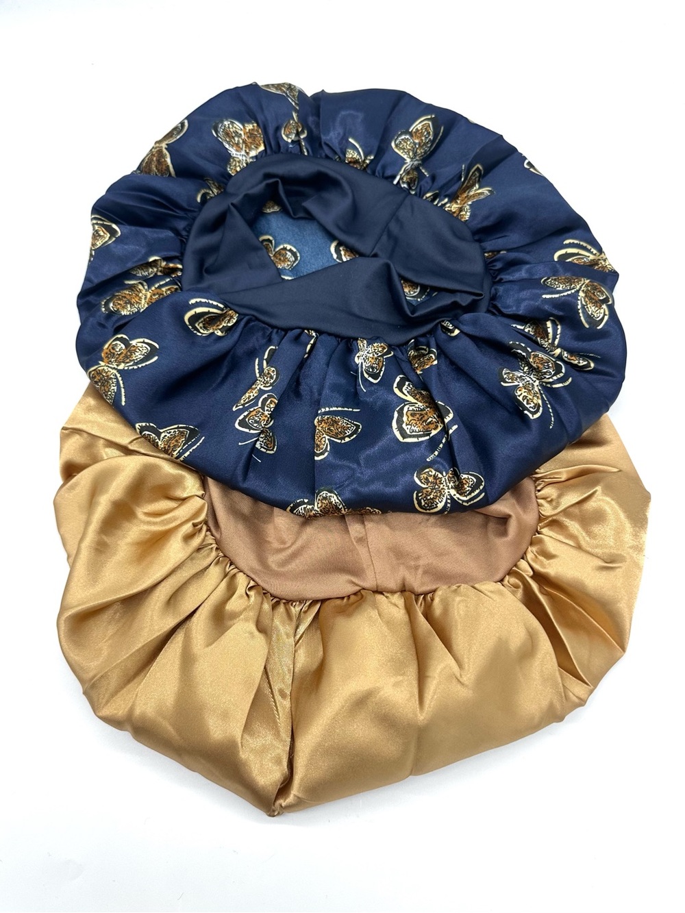 2pc Satin Hair Bonnet Set Gold & Navy Butterfly Silk Sleep Cap Night Wrap